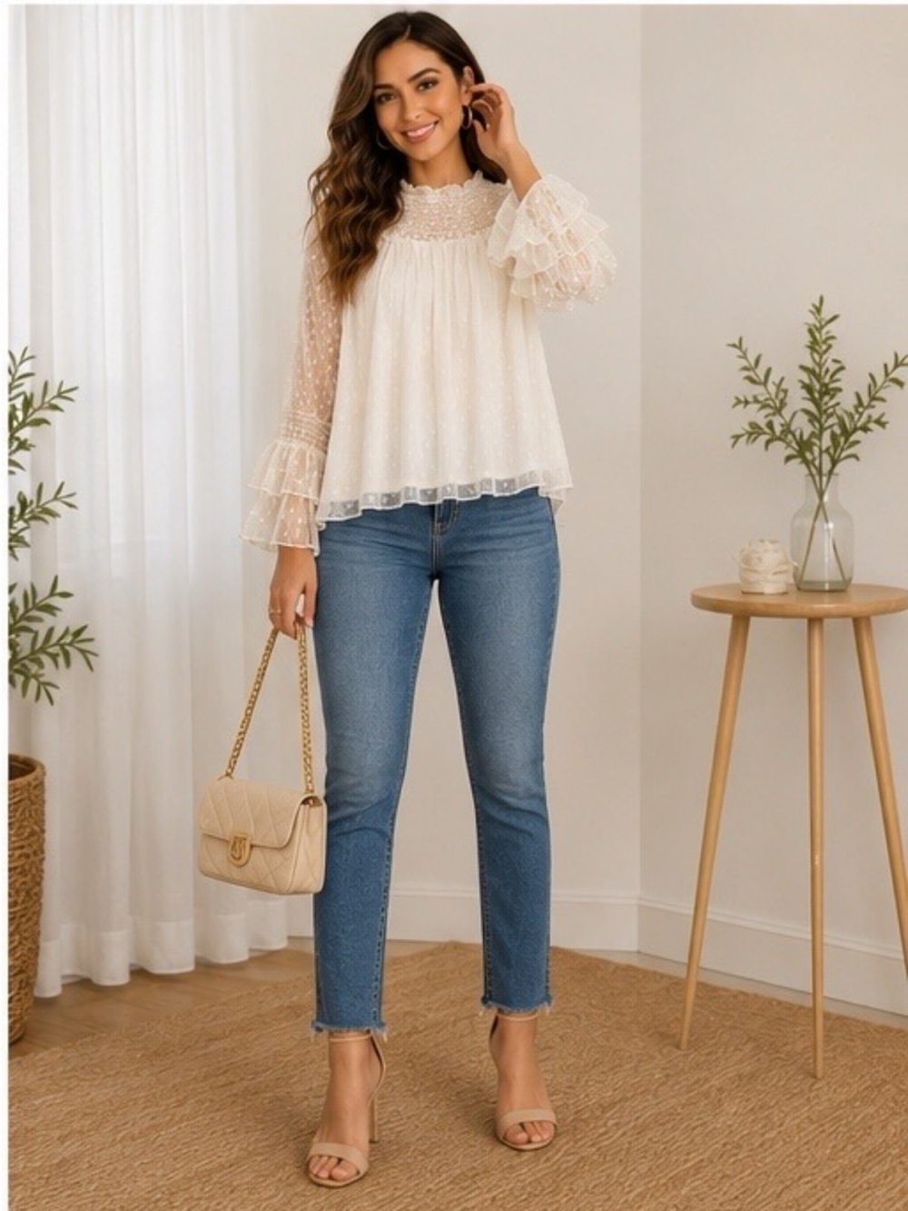 Grace Cream Pearl Blouse, Women’s Large,  Gold Strip & Lace
Detail, Long Sleeve